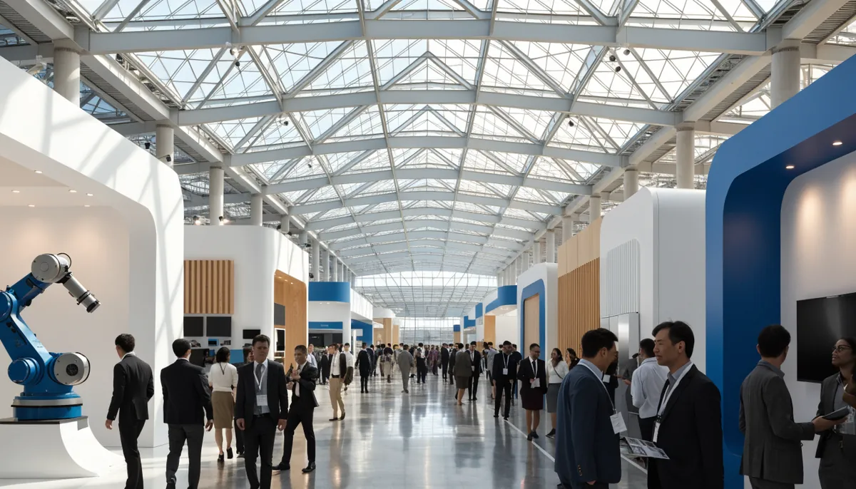 Canton Fair Phase 1 hall — buyers walking past electronics, appliance and robotics stands