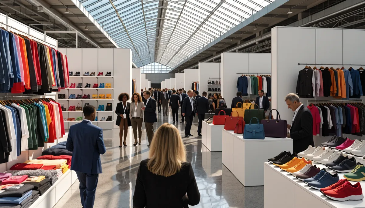 Canton Fair Phase 3 hall — buyers inspecting clothing rails, shoes and handbags